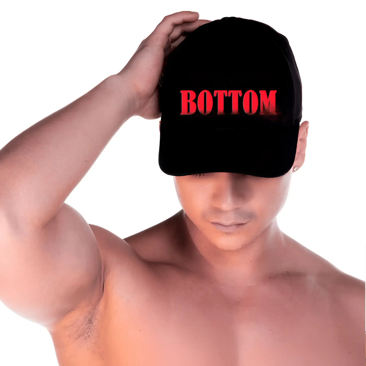 Black baseball cap from gigo bottom caps with bold red bottom lettering across the front