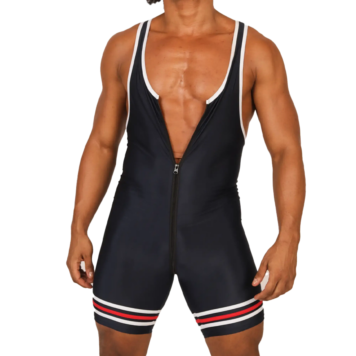Black wrestling singlet with white and red striped waistband and front zipper closure from gigo boxing blue body collection
