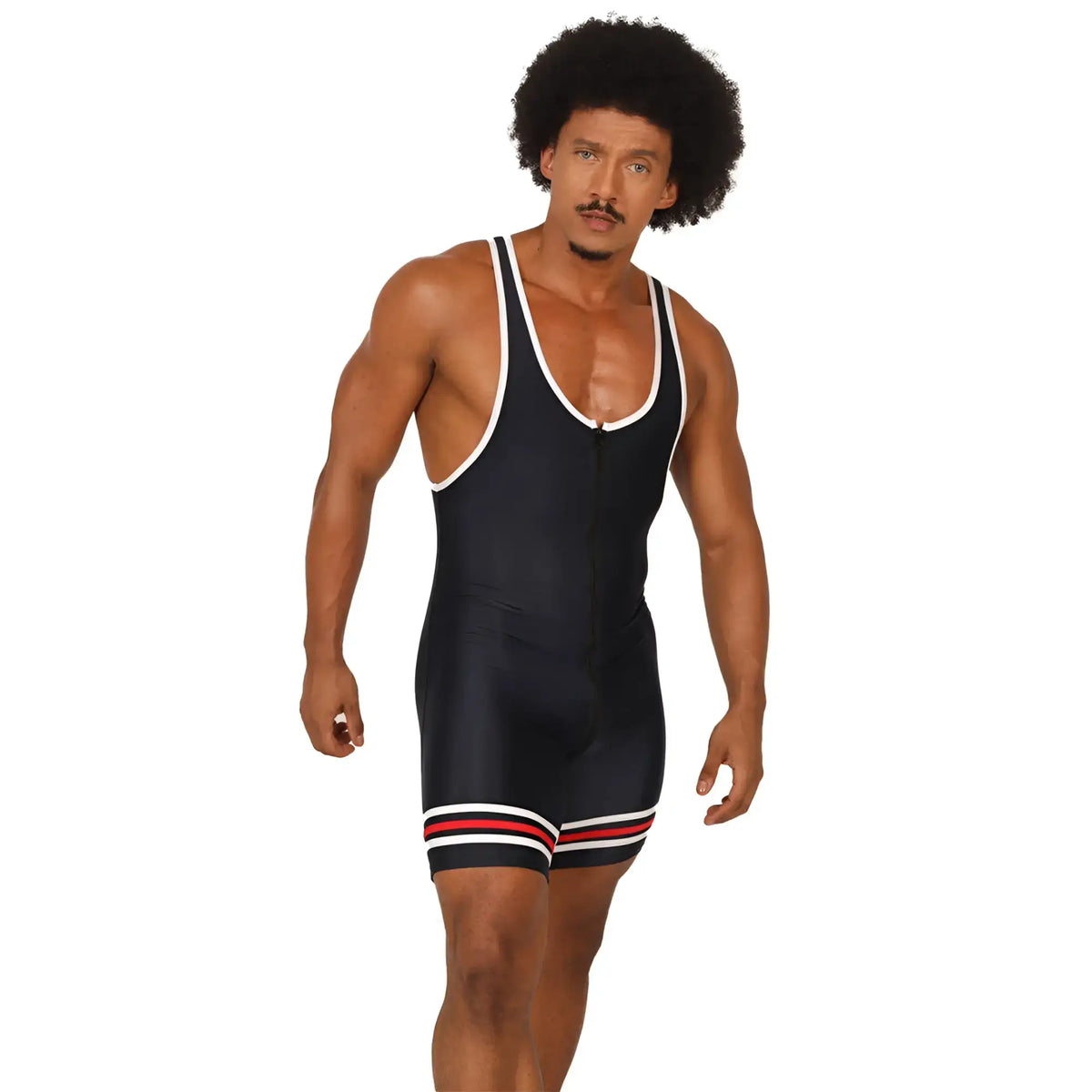 Black wrestling singlet with white trim and red white stripes at the hem from gigo boxing blue body collection