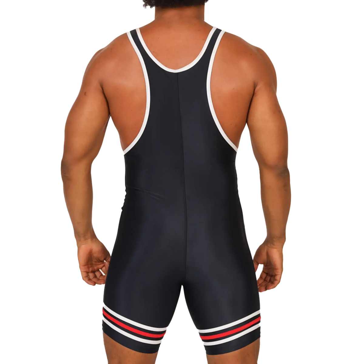 Black wrestling singlet with white trim and red and white stripes at hem from Gigo Boxing blue body collection
