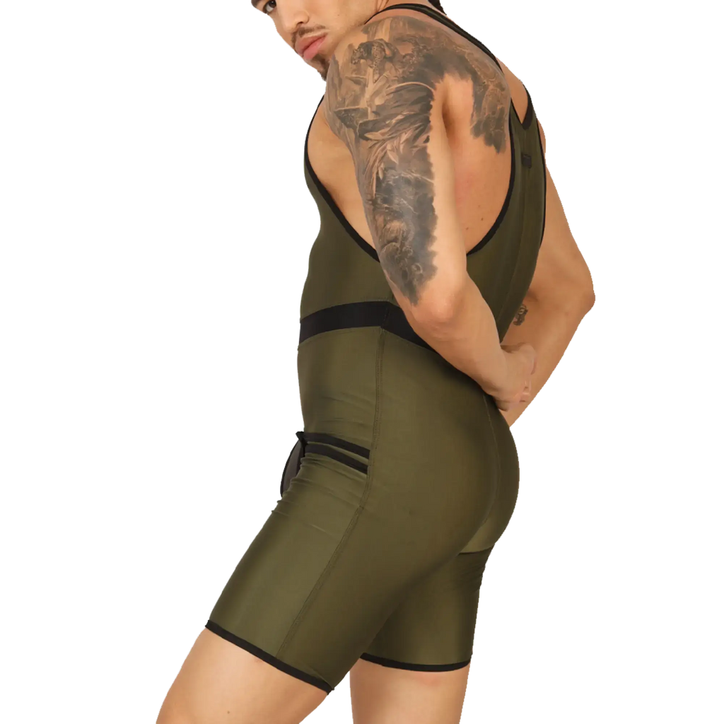 Olive green gigo boxing athletic singlet with black trim and reinforced seams for enhanced durability