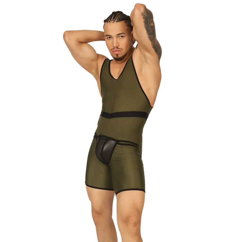 Olive green gigo boxing green body athletic singlet with black trim and matching brief-style undergarment set
