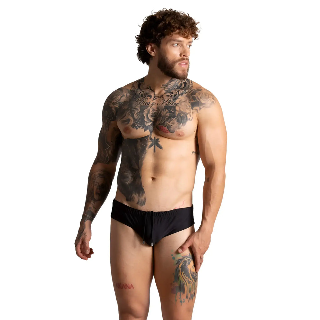 Gigo brazilian black swim brief made of lightweight fabric featuring a black drawstring for adjustable fit