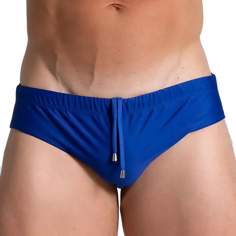Bright blue gigo brazilian swim brief with textured fabric and matching drawstring closure for comfortable fit