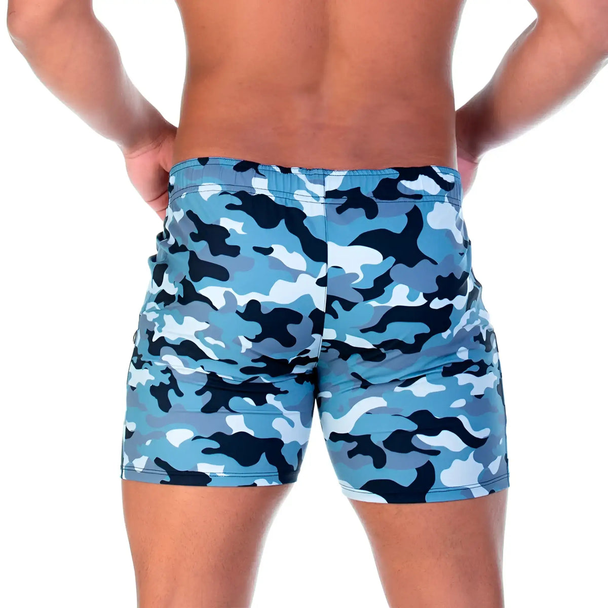 Blue and black camouflage snug fit swim trunks from Gigo camo black beachwear for stylish beachwear use