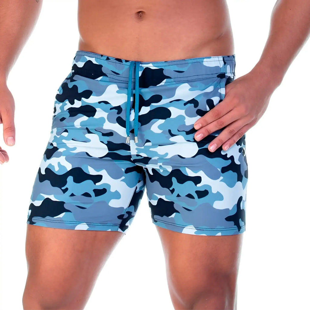 Gigo camo black swim trunks with blue and black camouflage pattern and drawstring waistband for beachwear