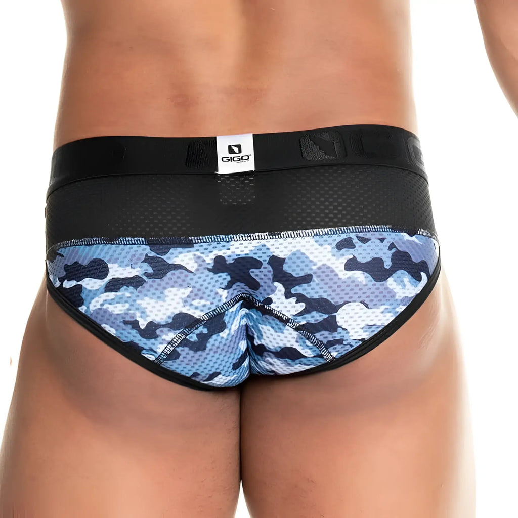Blue and black camouflage briefs with black mesh waistband and gigo brand label in gigo camo black brief design