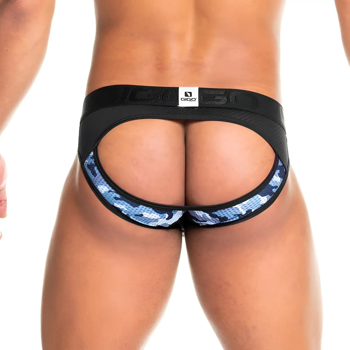 Gigo camo black brief jockstrap in black and blue camouflage pattern with breathable mesh texture front view