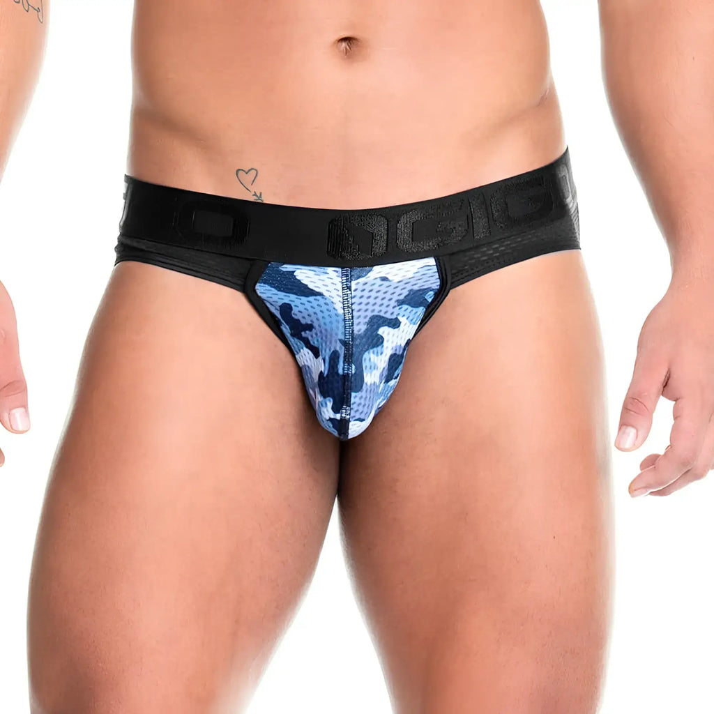 Gigo camo black brief jockstrap in blue and black camouflage pattern with mesh waistband for athletic use