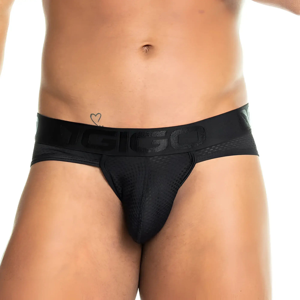Black mesh brief with textured waistband featuring dgigo logo from gigo camo black brief collection