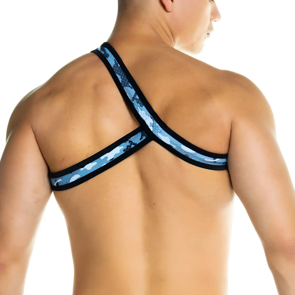 Blue and black camouflage sports bra with crisscross back design shown from the back for activewear use