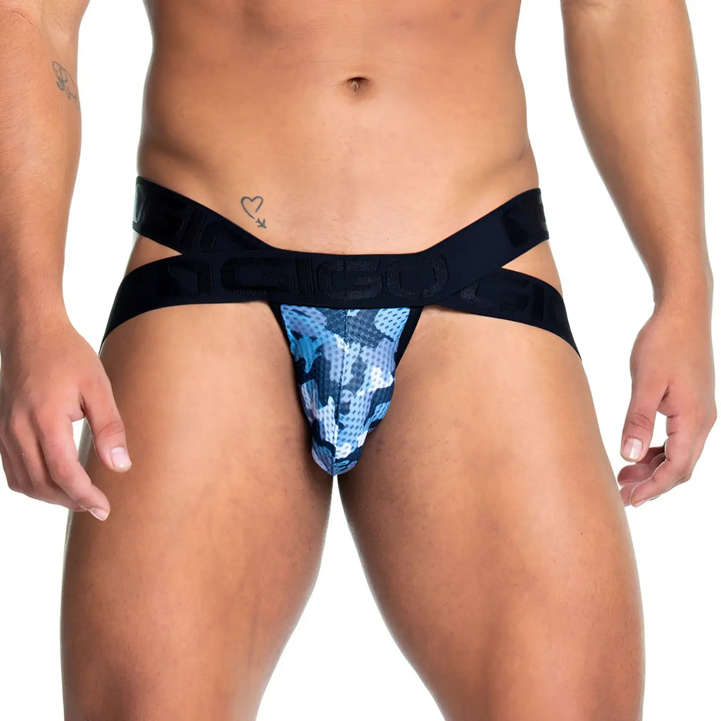 Blue and black camouflage patterned menÃ¢â‚¬â„¢s briefs with wide black waistband from gigo camo black jockstrap collection