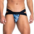 Blue and black camouflage patterned menÃ¢â‚¬â„¢s briefs with wide black waistband from gigo camo black jockstrap collection
