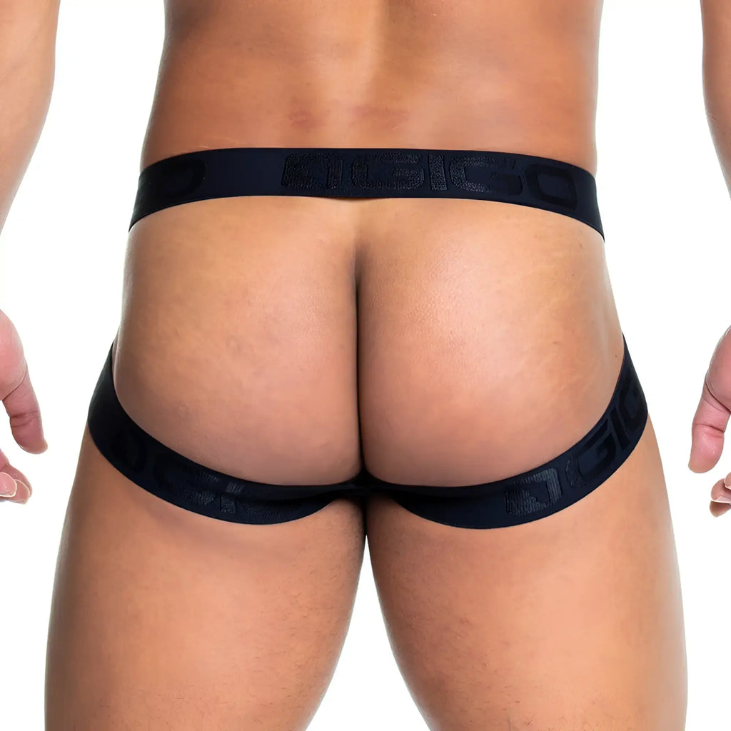 Black elastic briefs with subtle embossed logo across the waistband from gigo camo black jockstrap collection