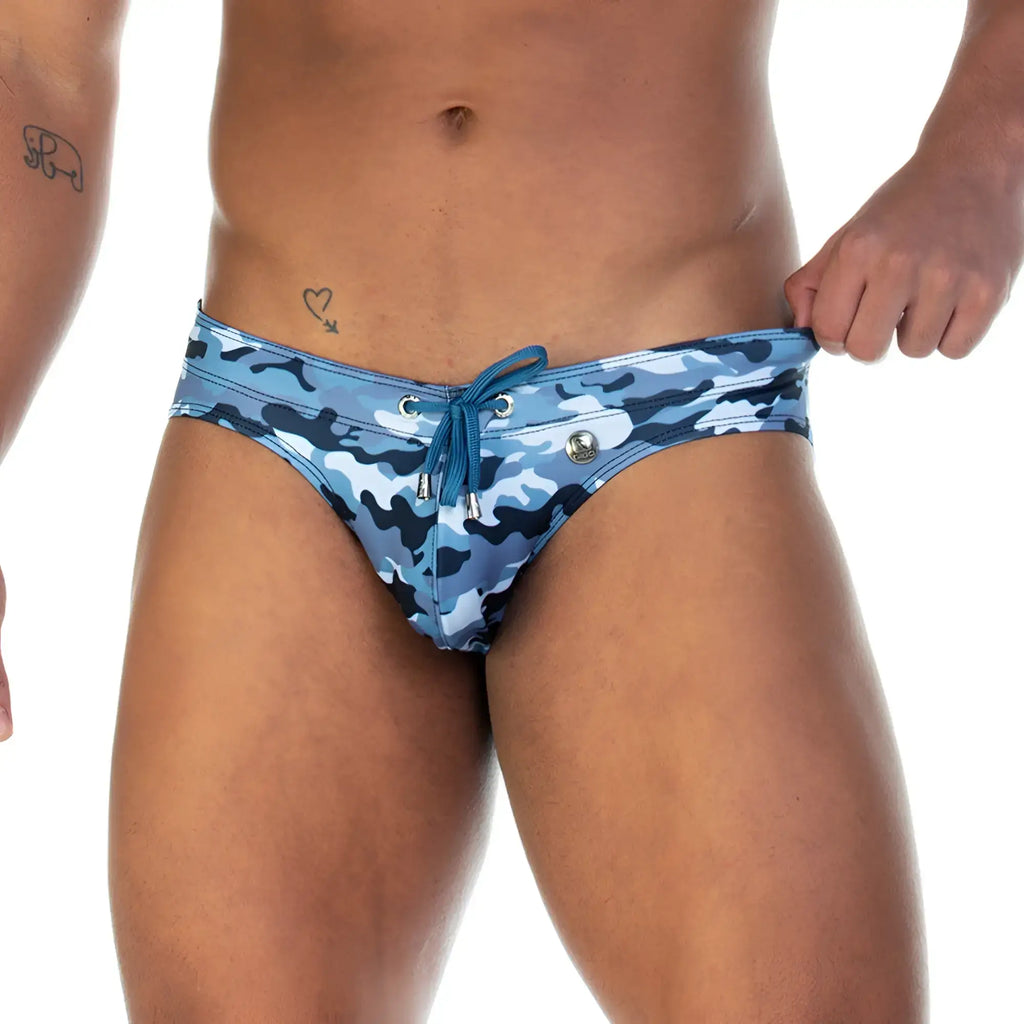 Gigo camo black swim brief featuring blue and black camouflage patterned swim trunks with a drawstring waistband