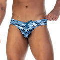 Gigo camo black swim brief featuring blue and black camouflage patterned swim trunks with a drawstring waistband