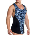 Gigo camo black tank is a blue and black camouflage athletic tank top with breathable mesh panels for workout comfort