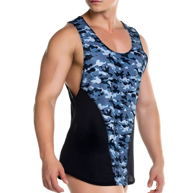 Gigo camo black tank is a blue and black camouflage athletic tank top with breathable mesh panels for workout comfort