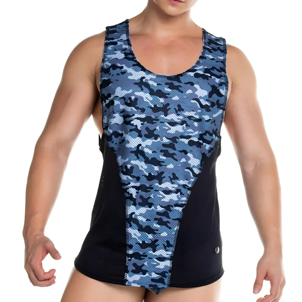 Gigo camo black tank blue and black camouflage mesh tank top with scoop neckline and breathable fabric