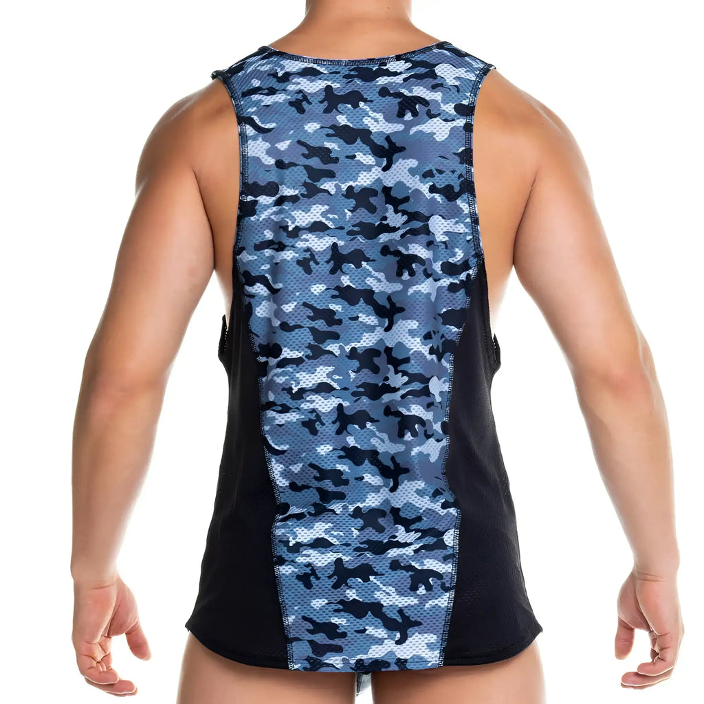 Gigo camo black tank featuring blue and black camouflage mesh with breathable side panels for active wear