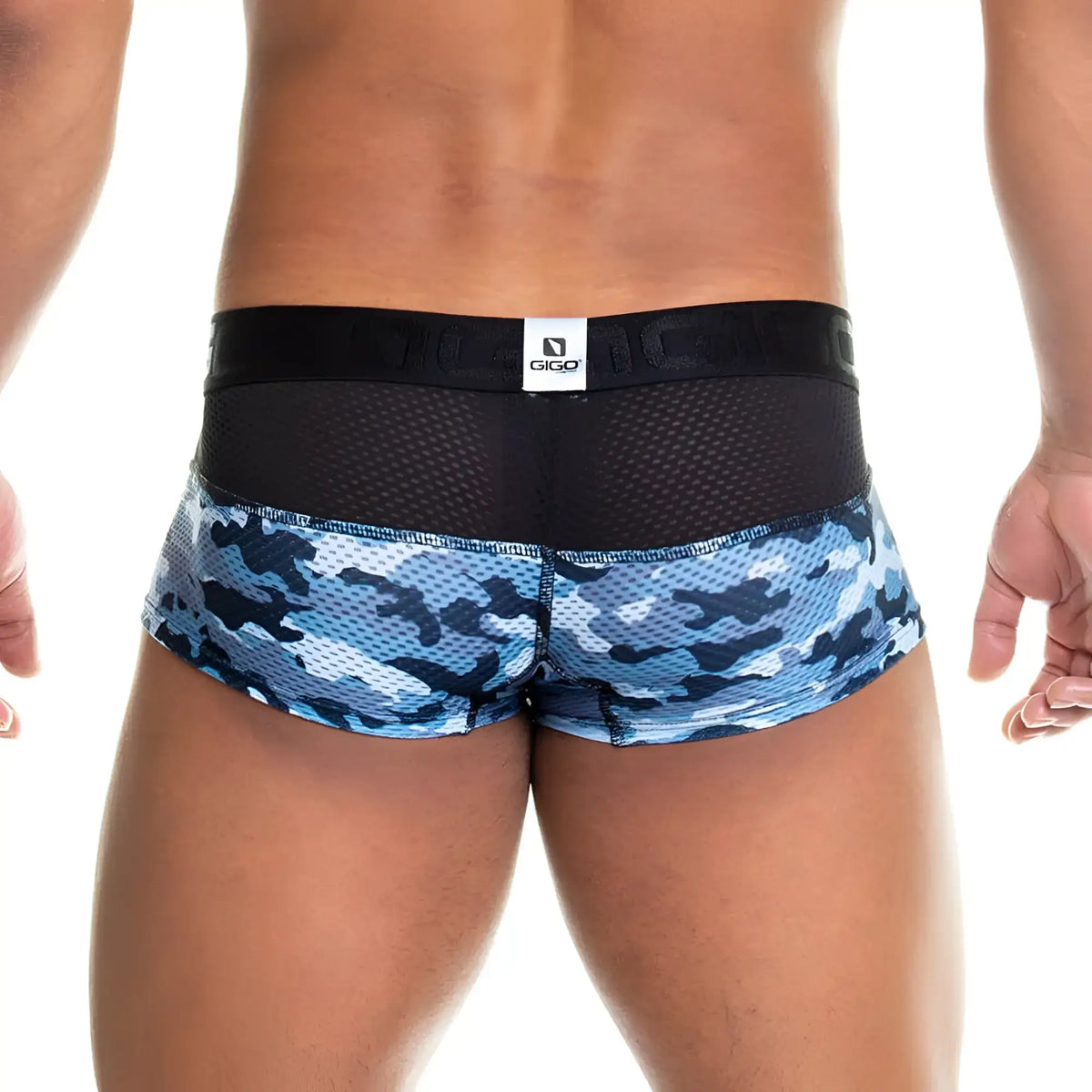 Blue and black camouflage patterned gigo brand briefs with a mesh waistband in the gigo camo black trunk style