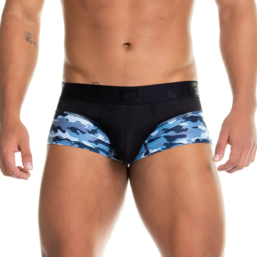Blue and black camouflage patterned menÃ¢â‚¬â„¢s briefs with mesh waistband gigo camo black trunk front view