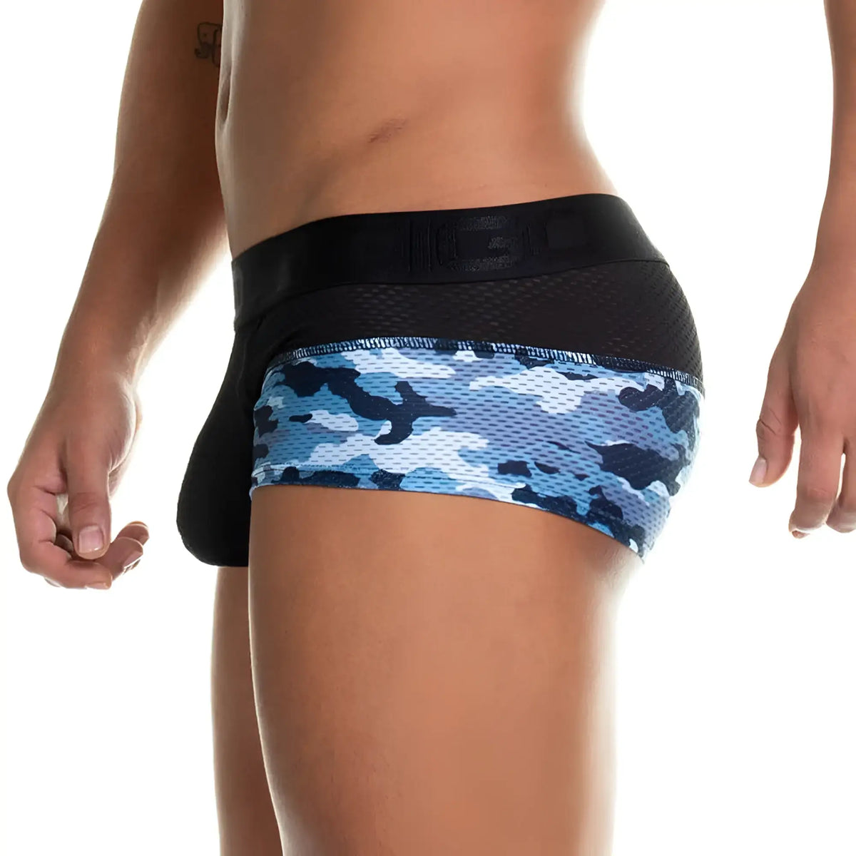 Gigo camo black trunk blue and black camouflage athletic briefs with mesh waistband for sporty comfort
