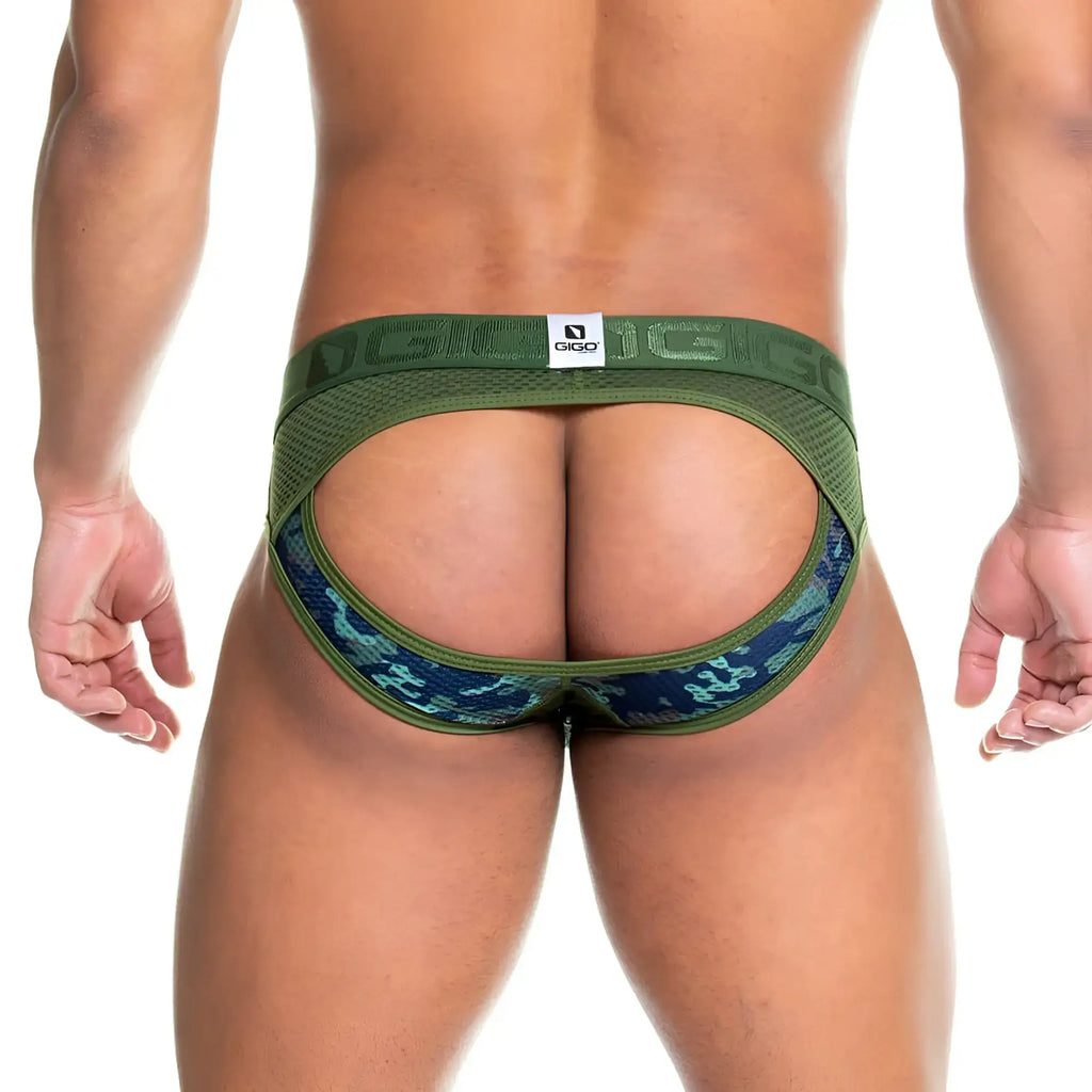 Green and blue camouflage patterned gigo brief jockstrap with mesh waistband shown from the back side