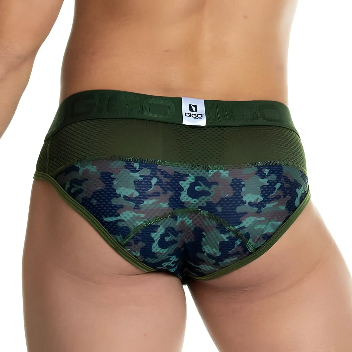 Olive green and navy blue camo green brief with mesh panels and branded waistband for breathable comfort