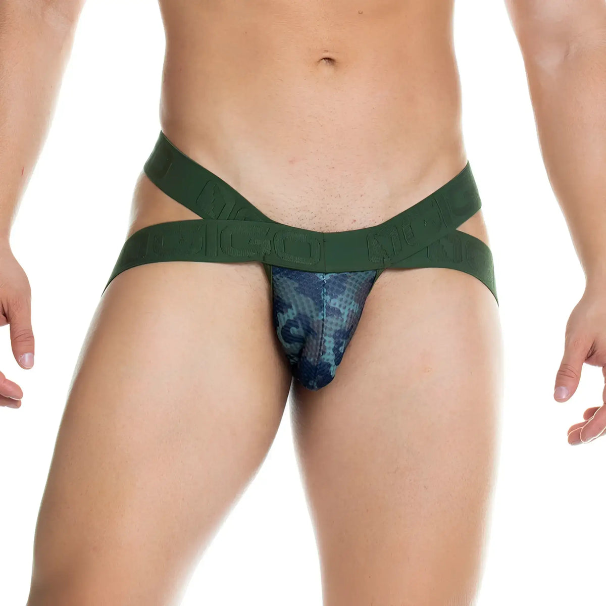 Gigo camo green jockstrap with green and blue patterned snake-like textured front panel briefs for men