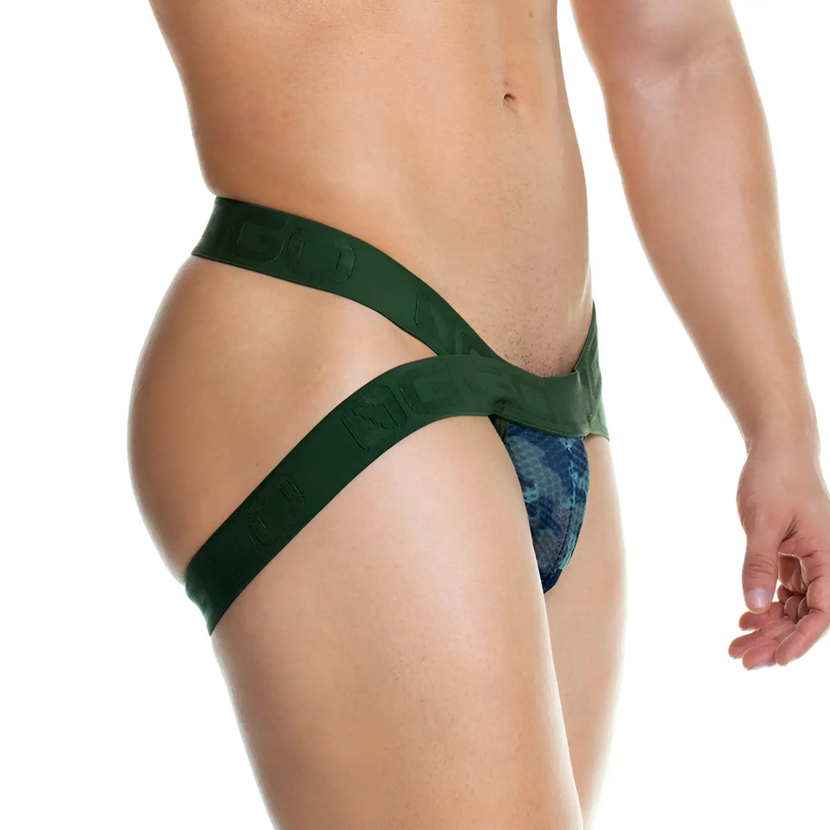Gigo camo green jockstrap with dark green stretchy briefs and blue patterned front panel for active support