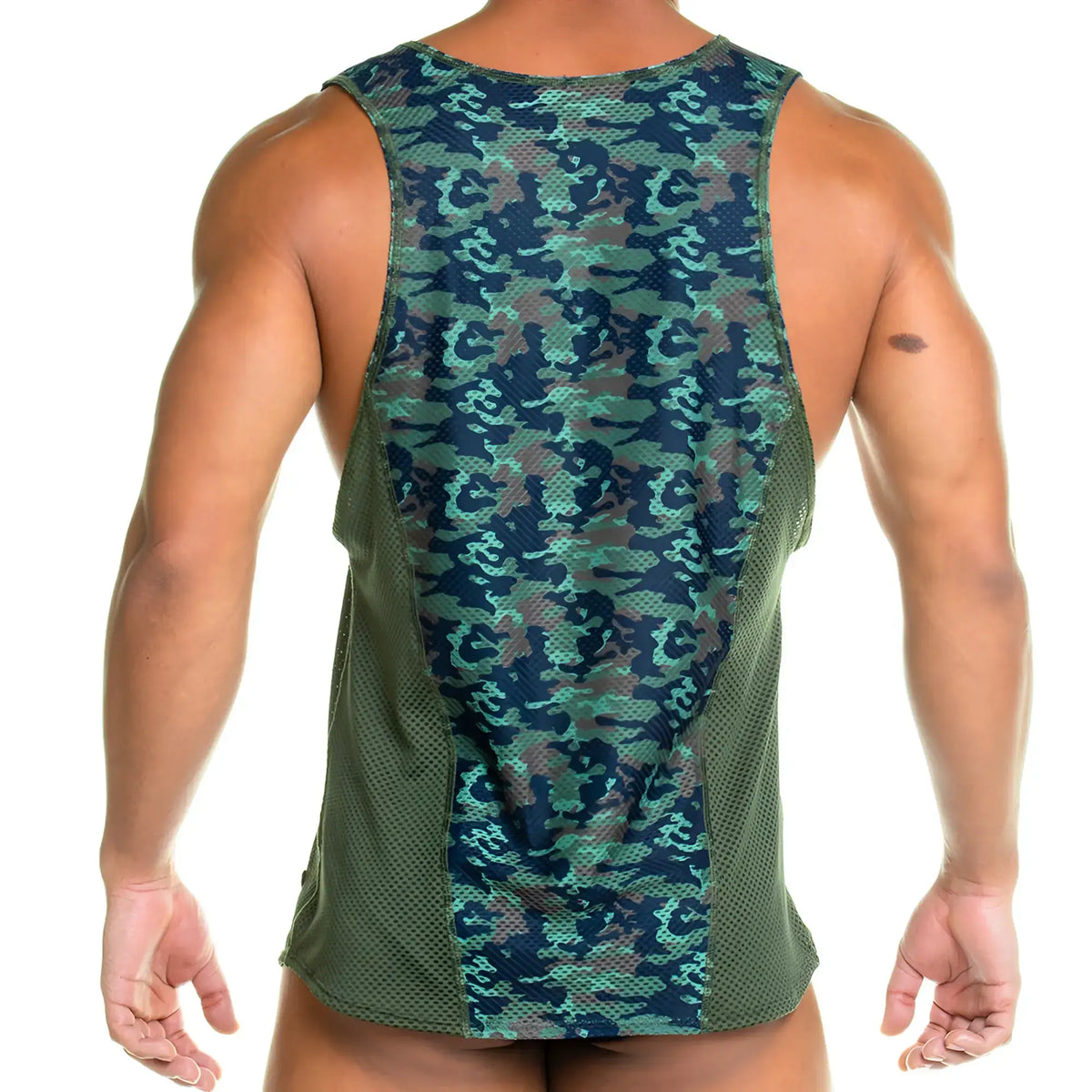 A menÃ¢â‚¬â„¢s gigo camo green tank with green and brown camouflage pattern and breathable mesh side panels