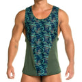 Gigo camo green tank menÃ¢â‚¬â„¢s athletic tank top with teal camouflage front panel and olive green mesh side panels
