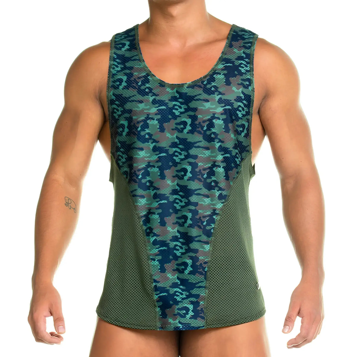 Gigo camo green tank menÃ¢â‚¬â„¢s athletic tank top with teal camouflage front panel and olive green mesh side panels