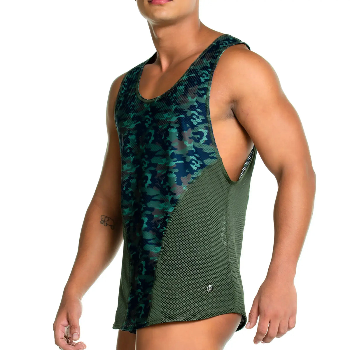 A menÃ¢â‚¬â„¢s sleeveless gigo camo green tank top with green black camouflage upper and olive green mesh sides and back