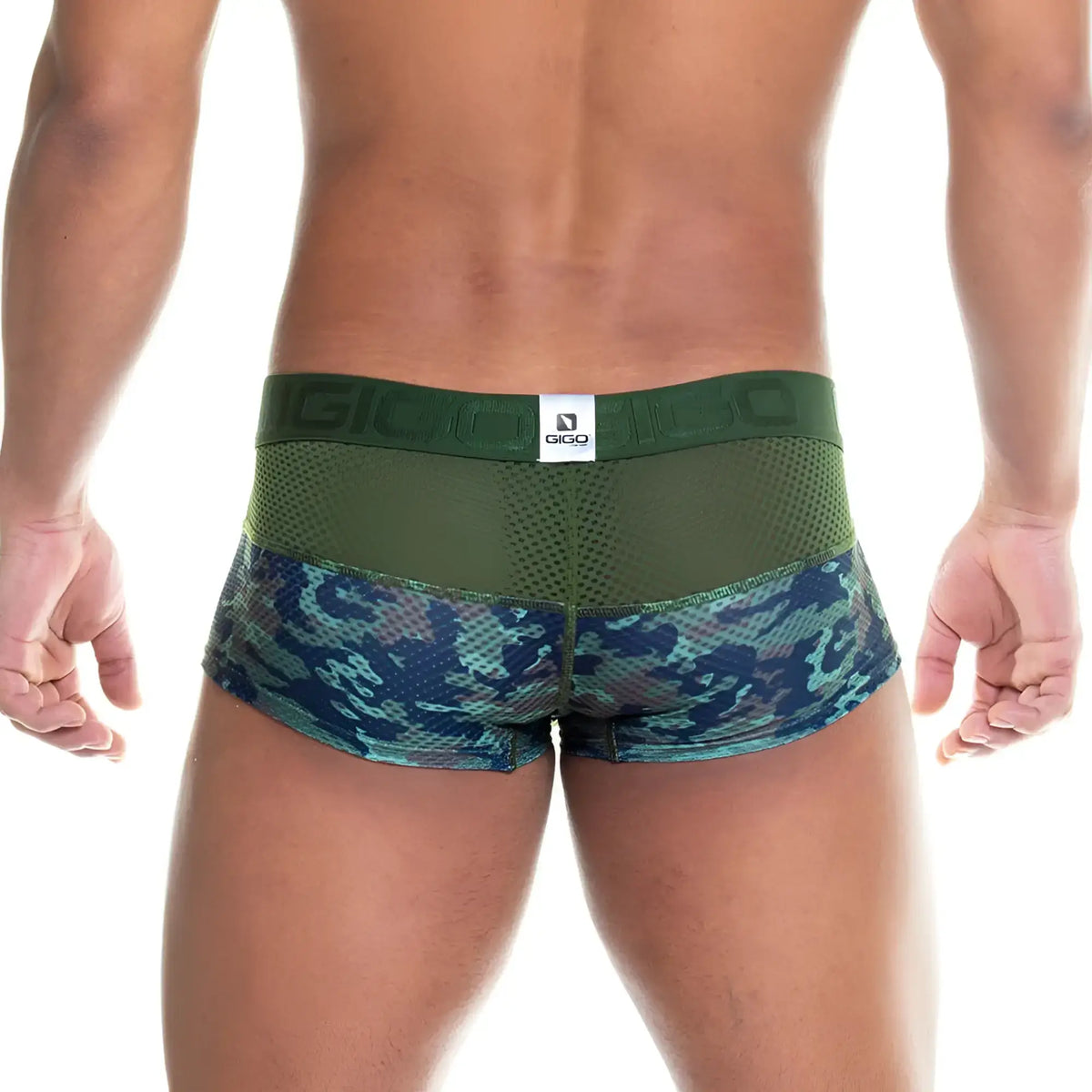 Gigo camo green trunk briefs in olive green and teal with mesh waistband and gigo brand label