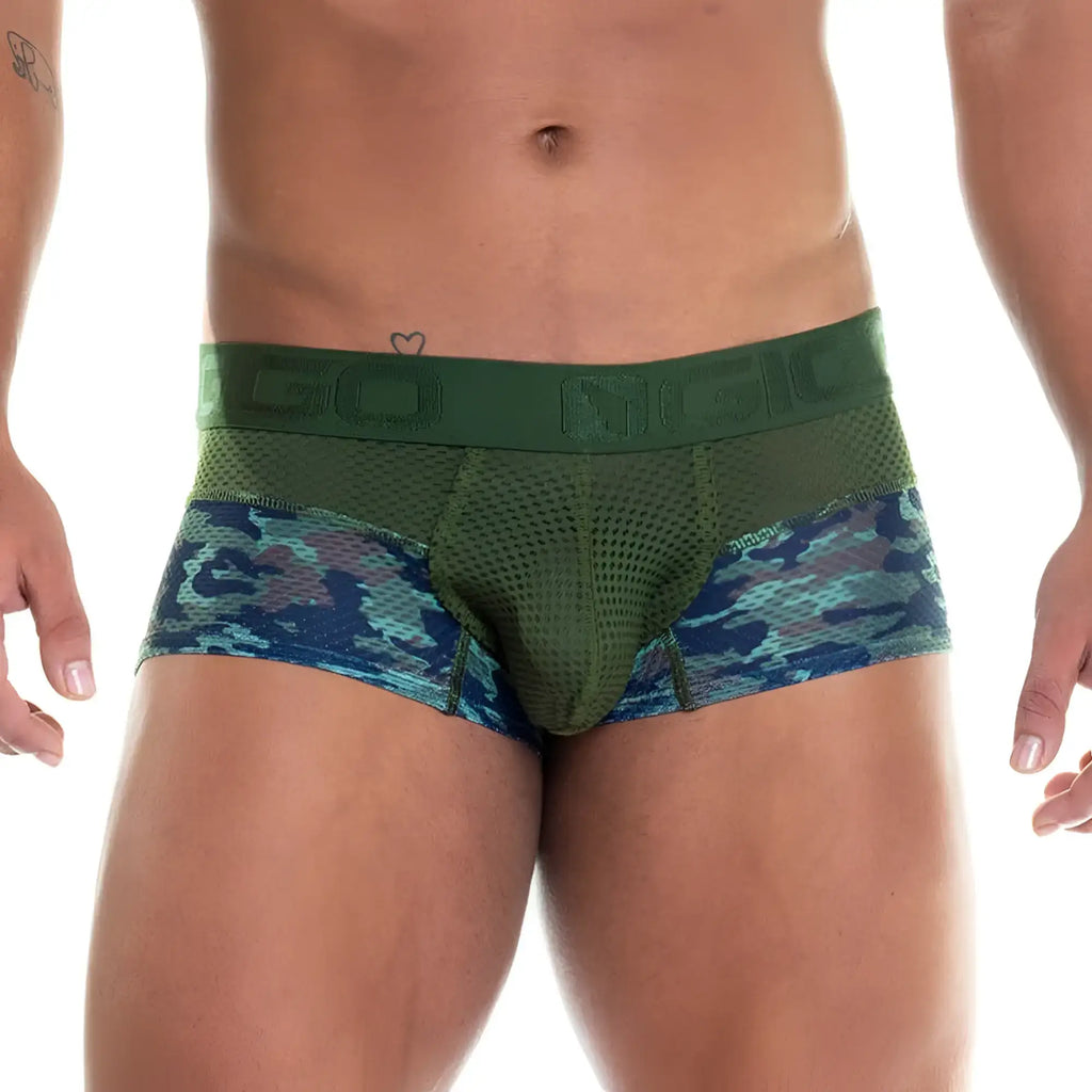 Green and blue camouflage patterned menÃ¢â‚¬â„¢s briefs with a mesh front panel from the gigo camo green trunk collection