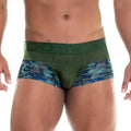 Green and blue camouflage patterned menÃ¢â‚¬â„¢s briefs with a mesh front panel from the gigo camo green trunk collection