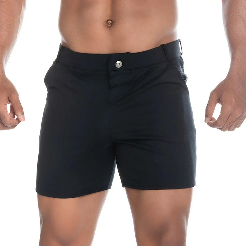 Black menÃ¢â‚¬â„¢s tailored cargo shorts in sleek modern design with silver button closure from gigo cargo black short collection