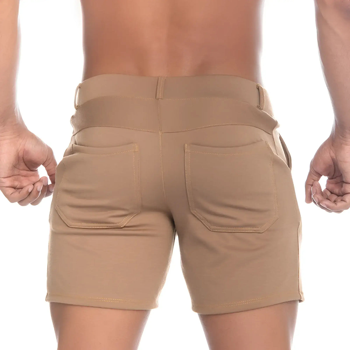 Tan gigo cargo caqui short back view showing tailored shorts with fitted waistband and two back pockets