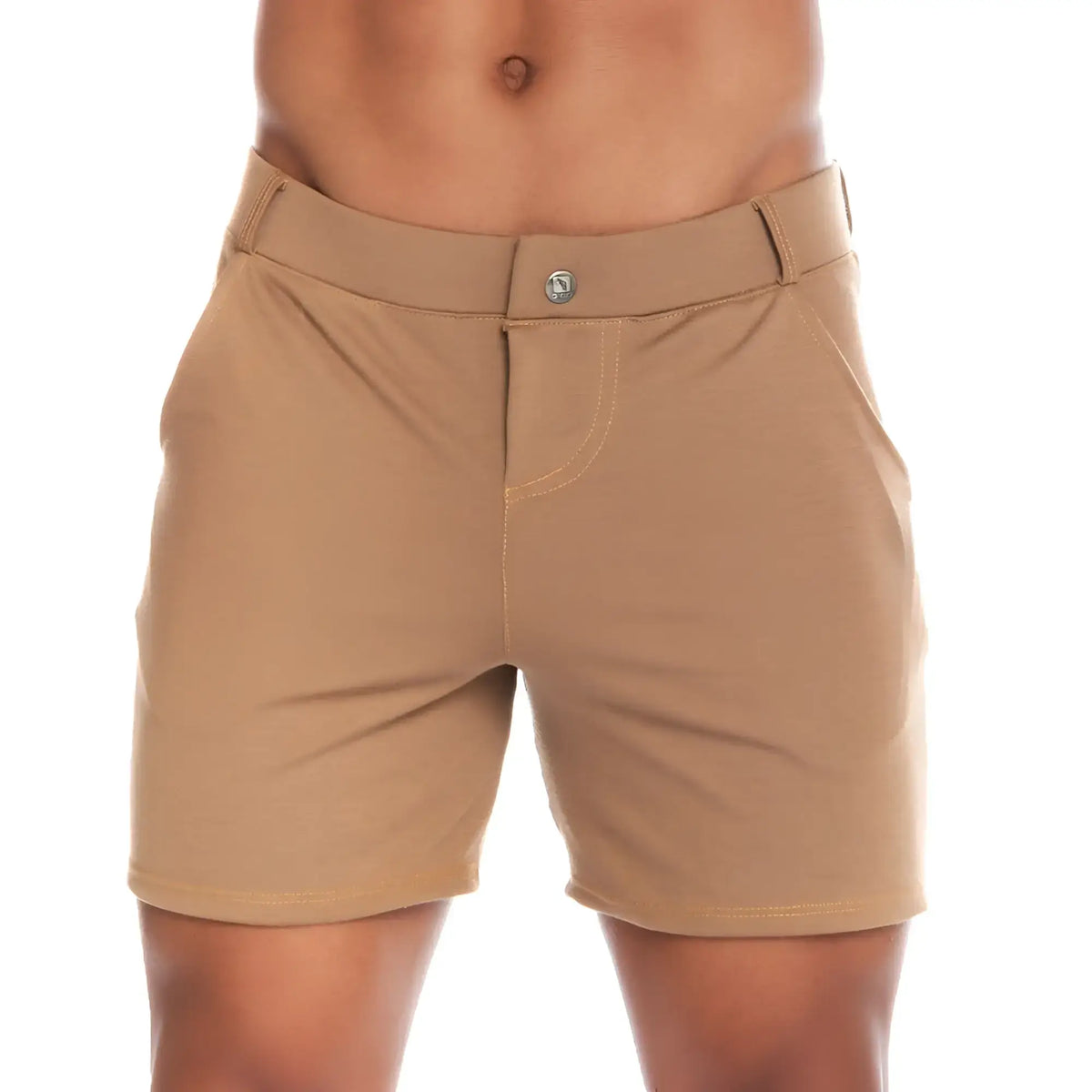 Tan chino cargo shorts with button closure and subtle stitching details ideal for casual wear