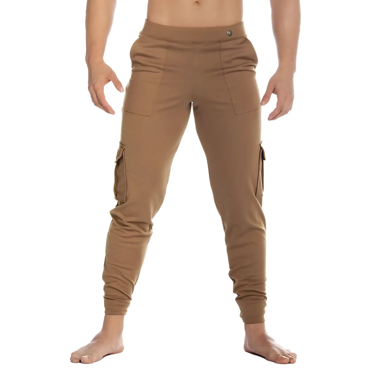 Tan gigo cargo caqui sportpants with cargo side pockets elastic cuffs and comfortable jogger fit