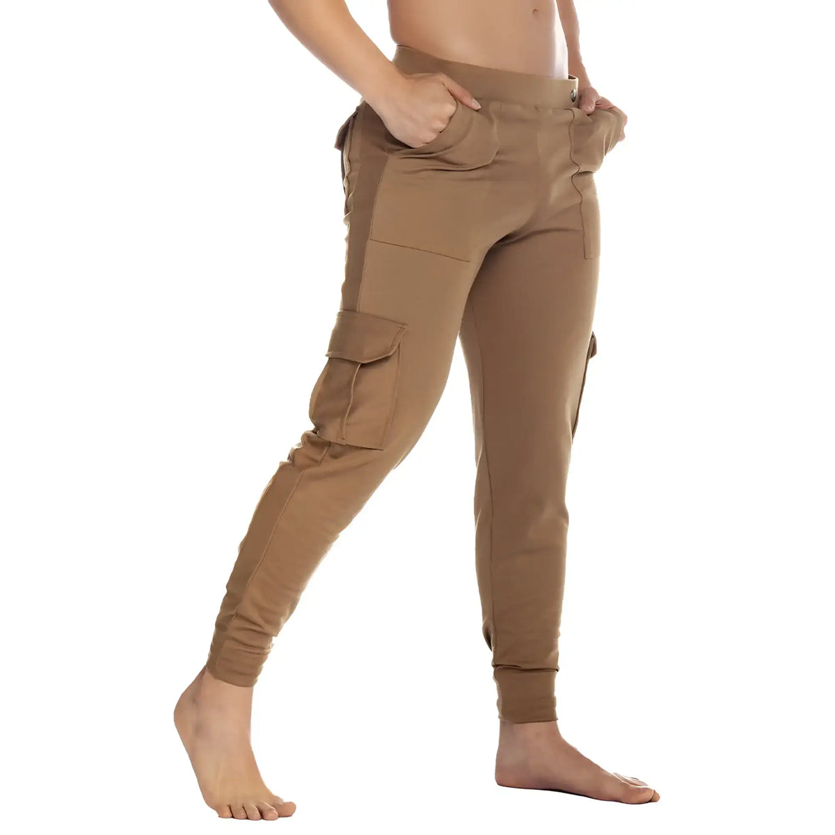Tan gigo cargo caqui sportpants with multiple pockets and relaxed fit designed for casual and active wear