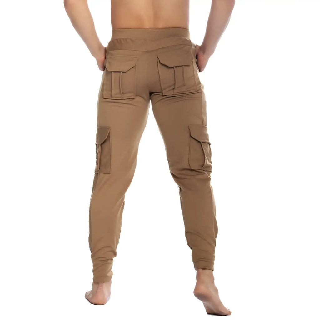 Tan gigo cargo caqui sportpants with multiple pockets and a snug tapered fit for casual and active wear