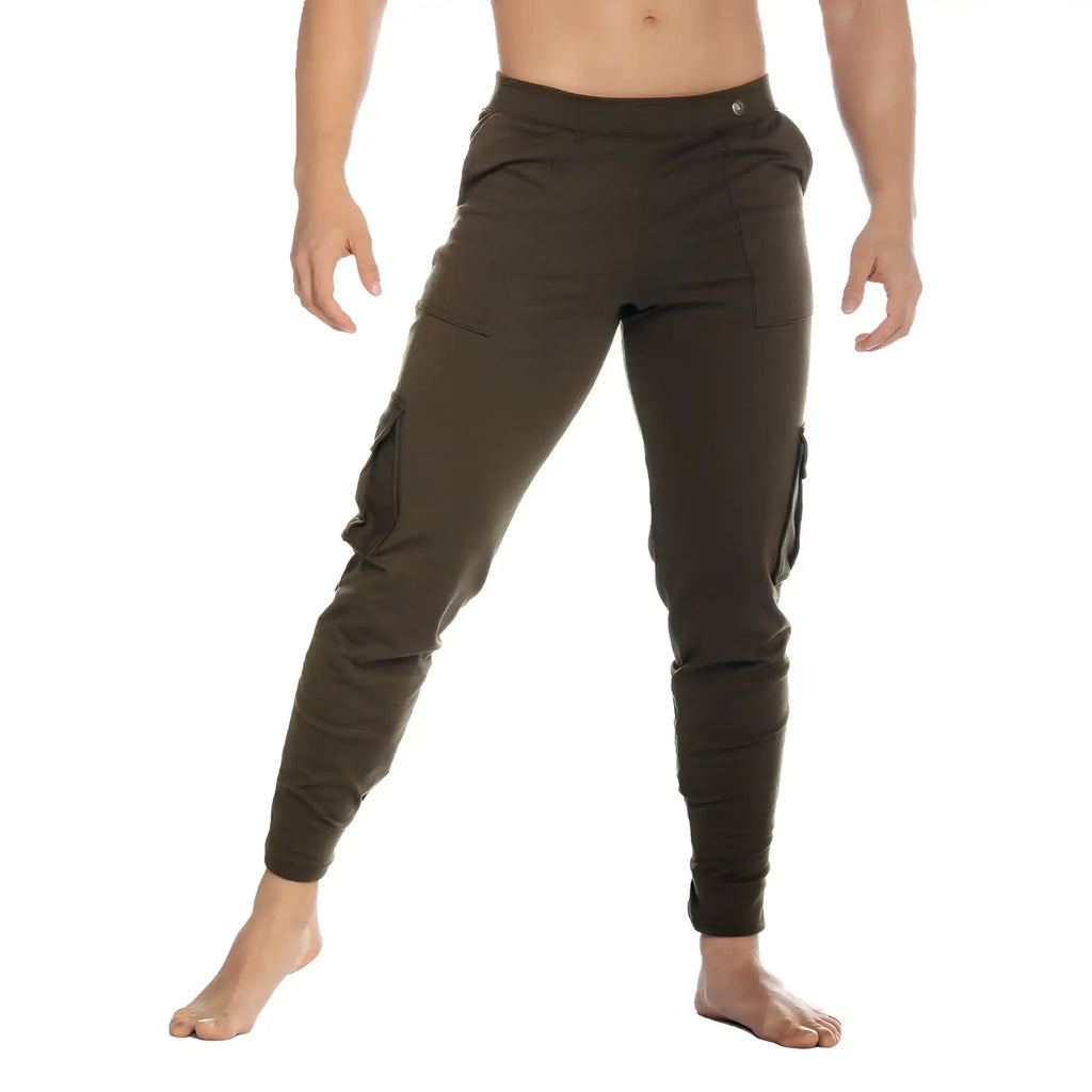 Olive green gigo cargo sportpants with side pockets and elastic waistband for comfortable casual wear