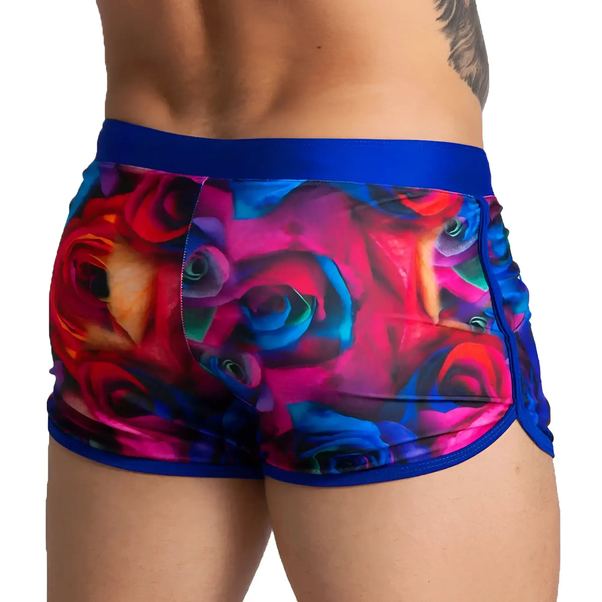 Gigo carnations beachwear vibrant multicoloured rose-patterned menÃ¢â‚¬â„¢s shorts with bold blue elastic waistband and trim