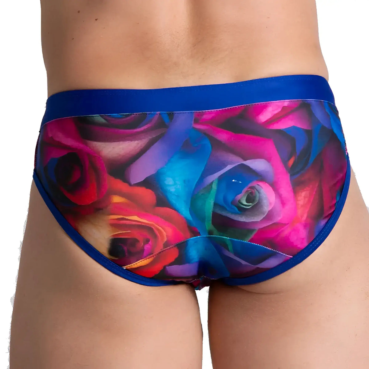 Vibrant multicoloured rose print gigo carnations swim brief with solid blue waistband and trim for swimwear use