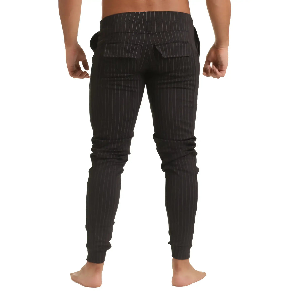 Black pinstripe slim fit joggers with elastic cuffs by gigo casual designed for comfortable sportwear