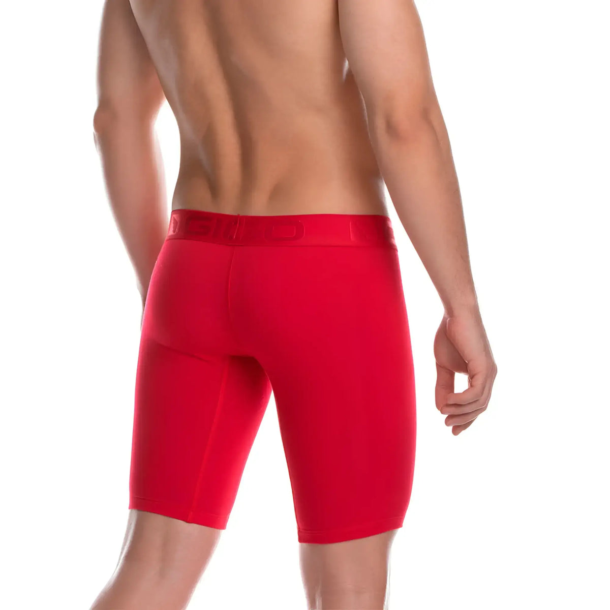 Red athletic briefs with a matching elastic waistband featuring subtle branding from gigo cautious red trunk long collection