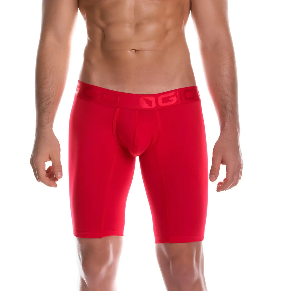 Red menÃ¢â‚¬â„¢s athletic briefs with snug fit and elastic waistband featuring gigo brand logo in cautious red trunk long style